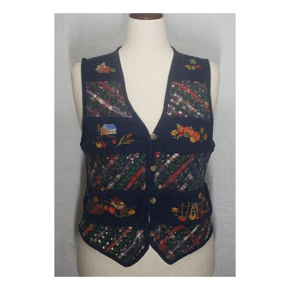 Casey & Max Vtg Fall Embroidered Vest Women’s XL Trellis Openwork Corduroy Trim
